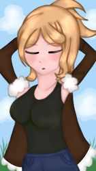 Rule 34 | 1girl, amanda (my story animated), armpits, arms up, bad id, bad pixiv id, blonde hair, blue background, blush, breasts, closed eyes, cloud, cloudy sky, coat, denim, fur-trimmed jacket, fur trim, grass, highres, jacket, jeans, medium breasts, my story animated, pants, ponytail, purpxlina, self-upload, sky, solo, sunlight, tying hair
