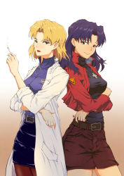 Rule 34 | 2girls, absurdres, akagi ritsuko, arms under breasts, artist name, back-to-back, belt, belt buckle, black eyes, black shirt, black skirt, blonde hair, blue shirt, bob cut, brown background, brown legwear, buckle, chinese commentary, cigarette, commentary, cowboy shot, cropped jacket, cross, cross necklace, earrings, expressionless, gradient background, highres, holding, holding cigarette, jacket, jewelry, katsuragi misato, lab coat, light smile, linway, lipstick, long hair, long jacket, looking at viewer, makeup, mole, mole under eye, multiple girls, necklace, neon genesis evangelion, open clothes, open jacket, pantyhose, parted bangs, pencil skirt, purple hair, red jacket, red lips, shirt, short hair, skirt, smile, smoking, turtleneck, white background, white jacket, zipper pull tab