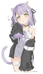 Rule 34 | 1girl, :p, animal ears, bandaged leg, bandages, bandaid on thigh, black ribbon, cat ears, cat tail, choker, dress, frilled dress, frills, ghost hair ornament, h (eitilog), hair ornament, hair ribbon, highres, jacket, long sleeves, looking at viewer, off shoulder, purple hair, ribbon, shinomiya runa, short hair, simple background, sleeves past fingers, sleeves past wrists, solo, tail, tongue, tongue out, two side up, virtual youtuber, vspo!, white background, x hair ornament, yellow eyes