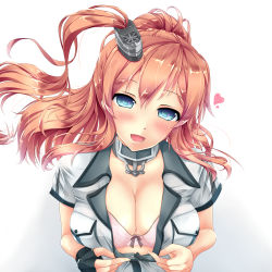 Rule 34 | 1girl, akairo no mako, anchor, black gloves, blue eyes, blush, bow, bow bra, bra, breast pocket, breasts, brown hair, choker, cleavage, collared jacket, commentary, fingerless gloves, floating hair, gloves, hair between eyes, hair ornament, head tilt, heart, highres, jacket, kantai collection, large breasts, lingerie, long hair, looking at viewer, neckerchief, open mouth, pink bra, pocket, ponytail, saratoga (kancolle), saratoga mk ii (kancolle), short sleeves, side ponytail, sidelocks, simple background, single fingerless glove, smile, smokestack, smokestack hair ornament, solo, sweat, sweatdrop, unbuttoned, unbuttoning, underwear, wing collar