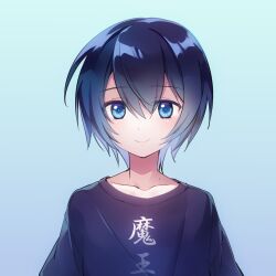 Rule 34 | blue background, blue eyes, blue hair, blue shirt, closed mouth, clothes writing, collarbone, copyright request, gradient background, hair between eyes, kanikame, looking at viewer, shirt, smile, solo, upper body