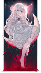 Rule 34 | 1girl, bad id, bad pixiv id, bare tree, barefoot, bow, branch, capelet, commentary request, crescent moon, dress, eyes visible through hair, full body, hair between eyes, hand on own knee, highres, long hair, long sleeves, looking at viewer, moon, original, parted lips, red bow, red eyes, sitting, sleeves past wrists, smile, solo, tree, very long hair, watori re, white capelet, white dress, white hair