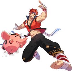 Rule 34 | 1boy, abs, alternate costume, armband, armpits, bandaged arm, bandaged leg, bandages, bara, belt, biceps, closed eyes, elephant, frown, full service (mazjojo), gyee, headband, highres, jacket, kicking, kovit chaiyarit, legband, looking at viewer, male focus, mazjojo, military, muscular, muscular male, official art, pants, pectoral cleavage, pectorals, red hair, smile, spiked hair, teeth, thick arms, thick eyebrows, tongue, tongue out, transparent background, yellow eyes