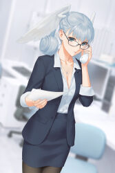 Rule 34 | 1girl, black-framed eyewear, blurry, blurry background, breasts, cleavage, collared shirt, cowboy shot, dutch angle, formal, grey eyes, grey hair, head wings, highres, holding, holding paper, holding phone, indoors, jewelry, looking at viewer, melia antiqua, miura-n315, office, pantyhose, paper, pencil skirt, pendant, phone, shirt, skirt, skirt suit, solo, suit, wings, xenoblade chronicles (series), xenoblade chronicles 1