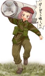 Rule 34 | 1girl, :d, alternate costume, belt, beret, british army, brown eyes, brown footwear, brown pants, camouflage, camouflage jacket, carrying over shoulder, commentary, girls und panzer, green jacket, harness, hat, insignia, jacket, long sleeves, looking at viewer, medium hair, military, military uniform, open mouth, pants, pouch, red hair, red hat, rosehip (girls und panzer), smile, solo, standing, translated, uniform, uona telepin, utility belt, v-shaped eyebrows, walking