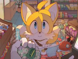 Rule 34 | 1boy, animal ears, animal nose, blue eyes, blush, c52278, candy, candy store, closed mouth, dessert, food, fox boy, fox ears, fox tail, furry, furry male, gloves, highres, looking at viewer, male focus, multiple tails, shop, smile, solo focus, sonic (series), standing, tail, tails (sonic), two tails, white gloves