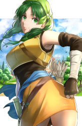 Rule 34 | 1girl, arrow (projectile), bandana, bare shoulders, black gloves, black shirt, braid, closed mouth, delsaber, elbow gloves, fingerless gloves, fire emblem, fire emblem: the blazing blade, gloves, green eyes, green hair, highres, long hair, looking at viewer, nintendo, outdoors, quiver, rebecca (fire emblem), shirt, smile, solo, thighhighs, twin braids, twintails, zettai ryouiki