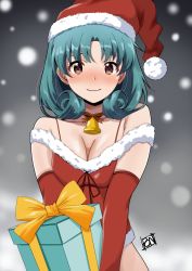 Rule 34 | 1girl, artist name, bell, blush, breasts, brown eyes, christmas, cleavage, closed mouth, commentary request, elbow gloves, gift, gloves, green hair, hat, highres, holding, holding gift, idolmaster, idolmaster million live!, looking at viewer, medium breasts, medium hair, midriff, neck bell, off-shoulder shirt, off shoulder, partial commentary, ponpon, red gloves, red hat, red shorts, santa hat, shirt, shorts, signature, smile, snowing, solo, spaghetti strap, tokugawa matsuri