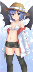 Rule 34 | 1girl, absurdres, alternate costume, bat wings, breasts, hat, highres, jacket, light purple hair, navel, open clothes, open jacket, red eyes, remilia scarlet, shorts, small breasts, solo, sun hat, thighhighs, touhou, uumaru, wings