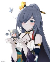 Rule 34 | !, !!, + +, 2girls, bare shoulders, black butterfly, black hair, blue eyes, blush, bug, butterfly, chibi, china dress, chinese clothes, closed mouth, dress, dual persona, earrings, fu hua, fu hua (azure empyrea), fu hua (herrscher of sentience), hair ornament, hair over one eye, highres, honkai (series), honkai impact 3rd, in palm, insect, jewelry, long hair, mini person, minigirl, multiple girls, open mouth, ponytail, red eyes, simple background, single earring, sleeveless, sleeveless dress, spham3rd, white background