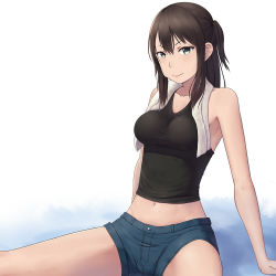Rule 34 | 10s, 1girl, arm support, bare shoulders, black shirt, blue eyes, breasts, brown hair, denim, denim shorts, groin, highres, impossible clothes, looking at viewer, medium breasts, midriff, navel, one side up, seiren, shirt, short shorts, shorts, side ponytail, smile, solo, spread legs, tank top, thighs, towel, towel around neck, tsuneki hikari, white background, yautau