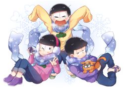 Rule 34 | 10s, 3boys, ;3, arms up, black hair, blush, brothers, capri pants, cat, cellphone, closed eyes, earmuffs, esper nyanko, glasses, heart, heart in mouth, hood, hoodie, male focus, matsuno ichimatsu, matsuno jyushimatsu, matsuno todomatsu, messy hair, multiple boys, negitoros, one eye closed, osomatsu-kun, osomatsu-san, osomatsu (series), pants, phone, sandals, scarf, shared clothes, shared scarf, siblings, simple background, single vertical stripe, sitting, sleeves past wrists, smartphone, smile, track pants, v, white background, wink