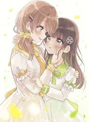 Rule 34 | 2girls, blush, bow, breasts, brown eyes, brown hair, character request, check character, collared dress, commentary request, dress, eye contact, flower, frilled shirt collar, frills, green bow, green eyes, hair flower, hair ornament, hairclip, highres, higuchi kaede (swing!!), layered sleeves, long hair, long sleeves, looking at another, multiple girls, nail polish, necktie, okamoto natsuhi, orange nails, parted lips, puffy short sleeves, puffy sleeves, sakura oriko, short over long sleeves, short sleeves, simple background, small breasts, smile, swing!!, white background, white dress, yellow flower, yellow necktie, yuri