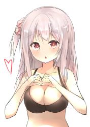 Rule 34 | 1girl, :o, absurdres, bare arms, bare shoulders, bikini, black bikini, borrowed character, breasts, cleavage, hair bobbles, hair ornament, heart, heart hands, highres, karutamo, looking at viewer, medium breasts, natsu (sinker8c), original, red eyes, side ponytail, silver hair, simple background, solo, swimsuit, tisshu (karutamo), upper body, white background