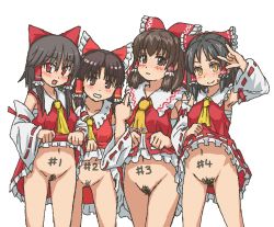 Rule 34 | 1girl, \m/, artist request, benikurage (cookie), black hair, blush, brown eyes, brown hair, clothes lift, cookie (touhou), detached sleeves, frilled skirt, frills, grin, hakurei reimu, japanese clothes, kanna (cookie), middle finger, miko, multiple persona, navel, no panties, nontraditional miko, numbered, pubic hair, reu (cookie), sananana (cookie), short hair, simple background, skirt, skirt lift, smile, standing, sweat, touhou, white background, yellow eyes