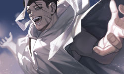 Rule 34 | 1boy, arms at sides, bandages, black eyes, black hair, breath, cape, derivative work, facial hair, facial scar, foreshortening, from side, goatee, golden kamuy, hair slicked back, hair strand, highres, hood, hooded cape, looking at viewer, male focus, midomido, ogata hyakunosuke, one eye closed, scar, scar on cheek, scar on face, short hair, sideburns, smile, solo, stubble, undercut, upper body, wind
