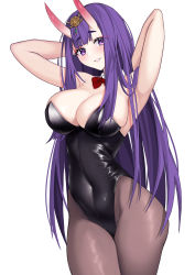 Rule 34 | 1girl, absurdres, aged up, alternate breast size, armpits, arms behind head, arms up, bare shoulders, black leotard, blush, bob cut, breasts, brown pantyhose, cleavage, covered navel, detached collar, eyelashes, eyeliner, fate/grand order, fate (series), headpiece, highleg, highleg leotard, highres, horns, large breasts, leotard, long hair, looking at viewer, makeup, mergerri, oni, pantyhose, parted lips, purple eyes, purple hair, shuten douji (fate), skin-covered horns, smile, solo, thighs, white background