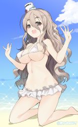 Rule 34 | 10s, 1girl, bikini, breasts, brown eyes, covered erect nipples, grey hair, hat, highres, kantai collection, large breasts, long hair, micro bikini, naitou ryuu, navel, open mouth, pola (kancolle), sideboob, solo, swimsuit, underboob, w arms, wavy hair