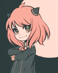 Rule 34 | 1girl, ahoge, anya (spy x family), blouse, child, collared shirt, crossed arms, dress, flat color, green eyes, long sleeves, looking at viewer, moshimoshibe, multicolored background, neck ribbon, pink hair, red ribbon, ribbon, shirt, short hair, simple background, smile, solo, spy x family, upper body, white shirt