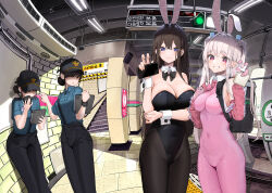 Rule 34 | 4girls, animal ears, black hair, blue eyes, blush, bodysuit, bow, bowtie, breasts, cellphone, covered navel, dduck kong, detached collar, fake animal ears, feet out of frame, food delivery box, gloves, grey hair, grin, hair ornament, hair over eyes, hat, highres, holding, holding phone, holding tablet pc, ipad, large breasts, leotard, long hair, looking at viewer, multiple girls, necktie, no eyes, original, pants, phone, pink eyes, playboy bunny, police, police uniform, policewoman, rabbit ears, smartphone, smile, standing, strapless, strapless leotard, subway station, super bunny (dduck kong), sweatdrop, tablet pc, uber eats, uniform, watch, wrist cuffs, wristwatch