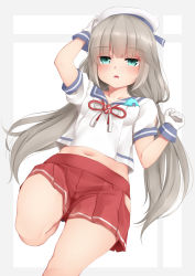 Rule 34 | 1girl, bad id, bad pixiv id, blush, gloves, green eyes, hat, kantai collection, long hair, low twintails, mikura (kancolle), navel, ne an ito, pleated skirt, red skirt, sailor collar, sailor hat, sailor shirt, school uniform, shirt, short sleeves, simple background, skirt, solo, twintails, white gloves, white shirt