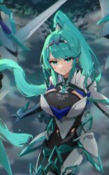 Rule 34 | absurdres, breasts, chest jewel, earrings, gem, gloves, greek text, green eyes, green hair, headpiece, highres, inuisbink, jewelry, large breasts, long hair, pneuma (xenoblade), ponytail, swept bangs, tiara, very long hair, xenoblade chronicles (series), xenoblade chronicles 2