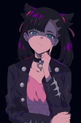 Rule 34 | 1girl, asymmetrical bangs, bad id, bad pixiv id, black background, black choker, black hair, black jacket, blue eyes, choker, collarbone, creatures (company), dress, earrings, game freak, hair ribbon, hand up, highres, index finger raised, jacket, jewelry, long sleeves, looking at viewer, marnie (pokemon), nintendo, open clothes, open jacket, p (flavorppp), pink dress, pokemon, pokemon swsh, red ribbon, ribbon, shaded face, simple background, solo, stud earrings, twintails