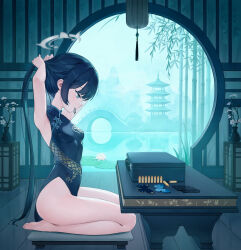 Rule 34 | 1girl, absurdres, adjusting hair, architecture, ass, barefoot, black dress, black hair, blue archive, breasts, bullet, chair, china dress, chinese clothes, dress, east asian architecture, feet, flower, from side, gloves, grey eyes, grey halo, hair tie, halo, highres, indoors, kisaki (blue archive), long hair, mouth hold, mr arme, pelvic curtain, profile, seiza, shell casing, sitting, sleeveless, sleeveless dress, small breasts, solo, suitcase, table, thighs, toes, unworn gloves, vase, white flower