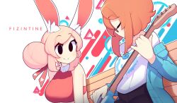 Rule 34 | 2girls, animal ear fluff, animal ears, artist name, bare shoulders, bench, black eyes, blue jacket, breasts, closed eyes, commentary, eyes visible through hair, fiz (fizintine), fizintine, glasses, guitar, hair bun, halterneck, highres, instrument, jacket, large breasts, long sleeves, looking at another, luna (fizintine), multiple girls, music, no pupils, off shoulder, orange hair, original, outline, pink hair, playing instrument, rabbit ears, rabbit girl, red shirt, semi-rimless eyewear, shirt, short hair, single side bun, sitting, smile, symbol-only commentary, under-rim eyewear, white outline, white shirt