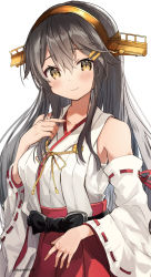 Rule 34 | 1girl, black hair, cowboy shot, dazzle paint, detached sleeves, hair ornament, hairband, hairclip, hand on own chest, haruna (kancolle), headgear, highres, japanese clothes, kantai collection, long hair, looking at viewer, nanahamu, ribbon-trimmed sleeves, ribbon trim, smile, solo, yellow eyes