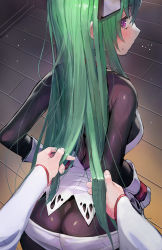 Rule 34 | 1girl, 2girls, arms at sides, ass, blush, bodysuit, breasts, butt crack, closed mouth, female pov, from above, from behind, green hair, hair between eyes, hair focus, headgear, highres, holding, holding own hair, impossible bodysuit, impossible clothes, jitome, long hair, looking at viewer, looking back, medium breasts, menou kaname (taishi), multiple girls, original, pov, pov hands, profile, purple eyes, robot ears, skin tight, solo focus, taishi (picchiridou), tsuru-chan, wooden floor, yuri