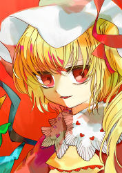 Rule 34 | 1girl, absurdres, adapted costume, blonde hair, fangs, flandre scarlet, highres, medium hair, multicolored wings, open mouth, portrait, red background, red eyes, red ribbon, ribbon, side ponytail, simple background, solo, touhou, wan495, white headwear, wings