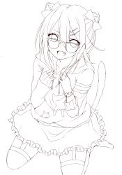 Rule 34 | 1girl, :d, bad id, bad nicoseiga id, bow, cat tail, collarbone, fang, garter straps, glasses, hair bow, hair ornament, hairclip, holding, hood, hoodie, lineart, monochrome, open mouth, original, sitting, skirt, smile, solo, tail, thighhighs, transparent background, yamasuta