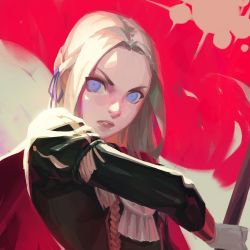 Rule 34 | 1girl, axe, blonde hair, blue eyes, cape, ascot, edelgard von hresvelg, fire emblem, fire emblem: three houses, gloves, hair ornament, long hair, looking at viewer, nintendo, red cape, simple background, solo, toni infante, uniform, weapon