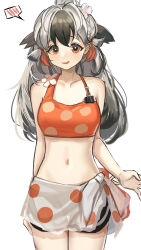 Rule 34 | 1girl, :d, absurdres, arknights, bare shoulders, bikini, black hair, breasts, commentary request, cowboy shot, flower, grey hair, hair flower, hair ornament, highres, long hair, looking at viewer, midriff, multicolored hair, navel, nopetroto, open mouth, orange eyes, polka dot, sarong, shorts, simple background, small breasts, smile, snowsant (arknights), solo, spoken blush, standing, stomach, swimsuit, thighs, two-tone hair, white background, white flower
