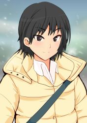 Rule 34 | 1girl, amagami, black hair, blue background, blurry, blurry background, brown eyes, closed mouth, commentary, down jacket, dress shirt, green background, highres, jacket, light smile, looking at viewer, nanasaki ai, sakabatta, shirt, short hair, solo, strap, upper body, white shirt, yellow jacket