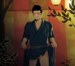 Rule 34 | 1boy, black hair, blush, bottomless, festival, itto (mentaiko), looking at viewer, male focus, original, outdoors, penis, robe, scar, solo, sweat, tagme, testicles, undressing
