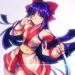 Rule 34 | 1girl, absurdres, ainu clothes, blue eyes, blue hair, blunt ends, bow, breasts, cowboy shot, hair bow, hairband, highres, holding, holding knife, kin mokusei, knife, long hair, looking at viewer, medium breasts, nakoruru, pants, red bow, red hairband, samurai spirits, short sleeves, smile, solo, white background, white pants, wrist cuffs