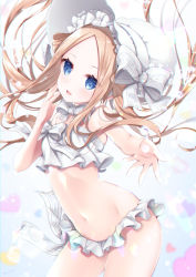 Rule 34 | 1girl, :d, abigail williams (fate), abigail williams (swimsuit foreigner) (fate), abigail williams (swimsuit foreigner) (third ascension) (fate), bare arms, bare shoulders, bikini, blonde hair, blue eyes, blush, bonnet, bow, commentary request, fate/grand order, fate (series), forehead, hair bow, heart, highres, ko yu, navel, open mouth, outstretched arm, parted bangs, smile, solo, striped, striped bow, swimsuit, white bikini, white bow, white headwear