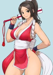 Rule 34 | 1girl, bare legs, bare shoulders, blue background, breasts, brown eyes, brown hair, cleavage, collarbone, curvy, dress, fan, fatal fury, folding fan, hand fan, hand on own hip, high ponytail, highres, kunoichi, large breasts, long hair, looking at viewer, ninja, ponytail, red dress, revealing clothes, rope, shigenobu, shiranui mai, side slit, simple background, sleeveless, sleeveless dress, smile, snk, solo, standing, the king of fighters, war fan, wide hips, wristband