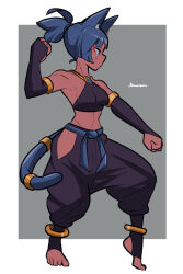 Rule 34 | 1girl, amazu (kurozu), animal ear fluff, animal ears, aoi (amazu), bare shoulders, black gloves, black pants, black socks, blue hair, breasts, cat ears, cat girl, cat tail, closed mouth, commentary, english commentary, fighting stance, fingerless gloves, full body, gloves, grey background, highres, hip vent, karate, medium breasts, navel, no shoes, original, pants, ponytail, profile, puffy pants, signature, socks, solo, standing, stirrup legwear, tail, toeless legwear, two-tone background, white background