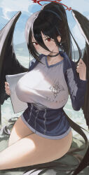 Rule 34 | 1girl, absurdres, black c (net dust), black choker, black hair, black wings, blue archive, blue jacket, breasts, choker, clipboard, closed mouth, crossed legs, hasumi (blue archive), hasumi (track) (blue archive), high ponytail, highres, holding, holding clipboard, huge breasts, jacket, long hair, mole, mole under eye, red eyes, shirt, sitting, solo, thighs, track jacket, very long hair, wings