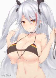 Rule 34 | 1girl, :q, azur lane, bare arms, bare shoulders, bikini, unworn bikini bottom, black bikini, black neckwear, blush, breasts, choker, cleavage, closed mouth, covered erect nipples, cross, cross earrings, dated, earrings, flag print, german flag, german flag bikini, hair ribbon, halterneck, hands up, holding, iron cross, jewelry, kuavera, large breasts, long hair, looking at viewer, mole, mole on breast, multicolored hair, navel, prinz eugen (azur lane), prinz eugen (unfading smile) (azur lane), red hair, ribbon, signature, silver hair, smile, solo, source request, stomach, streaked hair, suggestive fluid, swimsuit, tongue, tongue out, two side up, underboob, upper body, very long hair, w arms