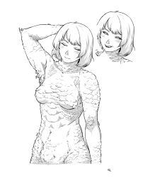 Rule 34 | 1girl, absurdres, alternate universe, arm at side, arm behind head, armpits, blush, bob cut, body fur, breasts, closed eyes, closed mouth, commentary, completely nude, cropped torso, dragon (remains) (dungeon meshi), dungeon meshi, english commentary, facing viewer, falin thorden, fangs, fusion, greyscale, half-closed eyes, heavy breathing, highres, looking at viewer, monochrome, monster girl, multiple views, navel, nose blush, nude, short hair, slit pupils, spoilers, teecee zhang