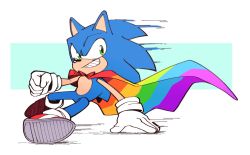 Rule 34 | 1boy, alyrian, blue fur, cape, clenched hand, furry, furry male, gloves, hand on floor, lgbt pride, looking to the side, male focus, pointy nose, rainbow, rainbow flag, running, shoes, smirk, solo, sonic (series), sonic the hedgehog, spiked hair, teeth