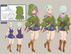 Rule 34 | 1girl, absurdres, blue dress, boots, braid, brown footwear, character sheet, concept art, dress, ena (monster hunter), fewer digits, green hood, grey background, hair ornament, highres, hood, jewelry, knee boots, monster hunter (series), monster hunter stories 2, multiple views, necklace, official art, parted lips, pointy ears, red eyes, short hair, simple background, sleeveless, sleeveless dress, white hair