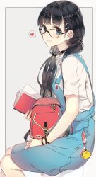 Rule 34 | 1girl, backpack, bag, bag on lap, bangle, black-framed eyewear, black hair, blue eyes, book, border, bracelet, cellphone, cellphone charm, charm (object), collared shirt, from side, grey background, hadean92, hair ornament, hair over shoulder, hairclip, heart, highres, holding, holding book, invisible chair, jewelry, long hair, looking at viewer, original, outside border, overall skirt, phone, shirt, short sleeves, simple background, sitting, skirt, smile, solo, spoken heart, twintails, unworn backpack, unworn bag, white background, white border, white shirt