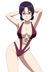 Rule 34 | 10s, 1girl, armpits, arms up, atelier gons, breasts, cleavage, double bun, female focus, glasses, hair bun, highleg, highleg swimsuit, highres, large breasts, legs, long hair, looking at viewer, navel, one-piece swimsuit, pink eyes, purple hair, ridget (suisei no gargantia), simple background, smile, solo, standing, suisei no gargantia, swimsuit, thighs, under-rim glasses, white background