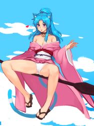 Rule 34 | 1girl, :p, animal ears, bad id, bad pixiv id, bare legs, bell, blue hair, blue sky, botan (yu yu hakusho), breasts, broom, cat ears, cat tail, cleavage, cloud, day, facial mark, feet, full body, heart, highres, japanese clothes, jingle bell, kimono, legs, long hair, long sleeves, looking at viewer, panties, pantyshot, ponytail, purple eyes, sitting, sky, slippers, slit pupils, solo, spread legs, sunna (nilsunna), tail, tongue, tongue out, underwear, whisker markings, white panties, wide sleeves, yuu yuu hakusho