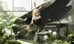Rule 34 | 1girl, absurdres, alternate costume, alternate hairstyle, amiya (arknights), animal ear fluff, animal ears, arknights, arm support, artist name, black dress, black footwear, blue eyes, brown hair, closed mouth, dress, english text, eyelashes, flower, full body, hair between eyes, hair down, highres, instrument, layered dress, leaf, light blush, long hair, long sleeves, looking to the side, off-shoulder dress, off shoulder, piano, piano bench, plant, puffy sleeves, rabbit ears, rose, shale, shoes, sidelocks, sitting, socks, solo, stuffed animal, stuffed toy, very long hair, white flower, white rose, white socks, window